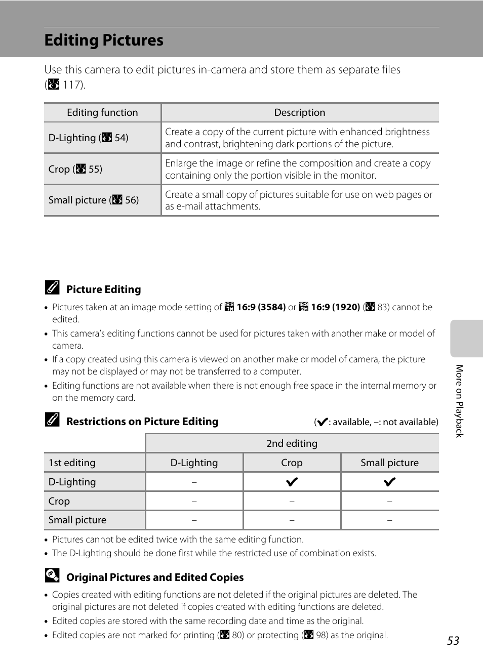Editing pictures | Nikon Coolpix S610 User Manual | Page 65 / 151