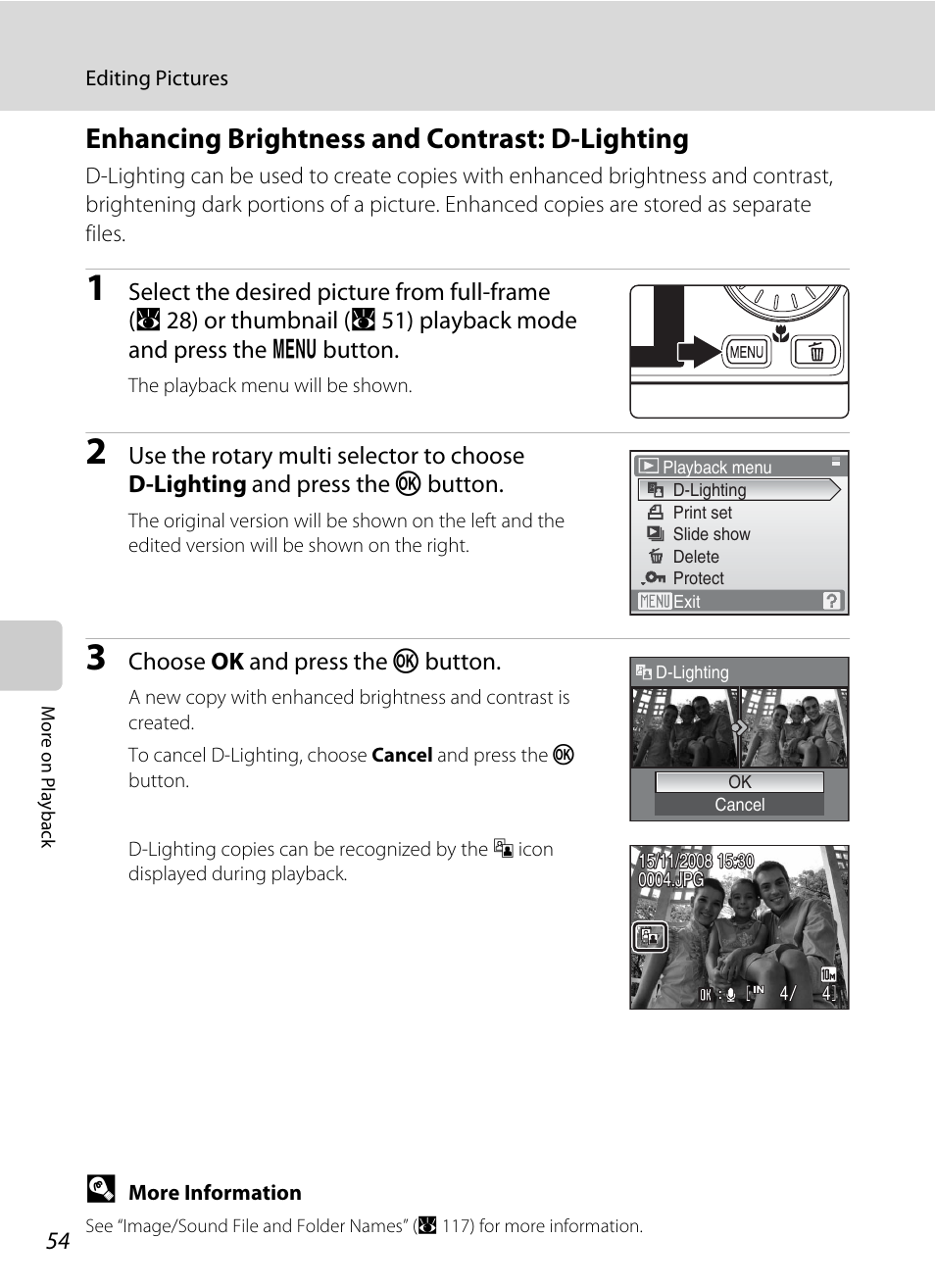 Enhancing brightness and contrast: d-lighting, Lighting, A 54) | Nikon Coolpix S610 User Manual | Page 66 / 151