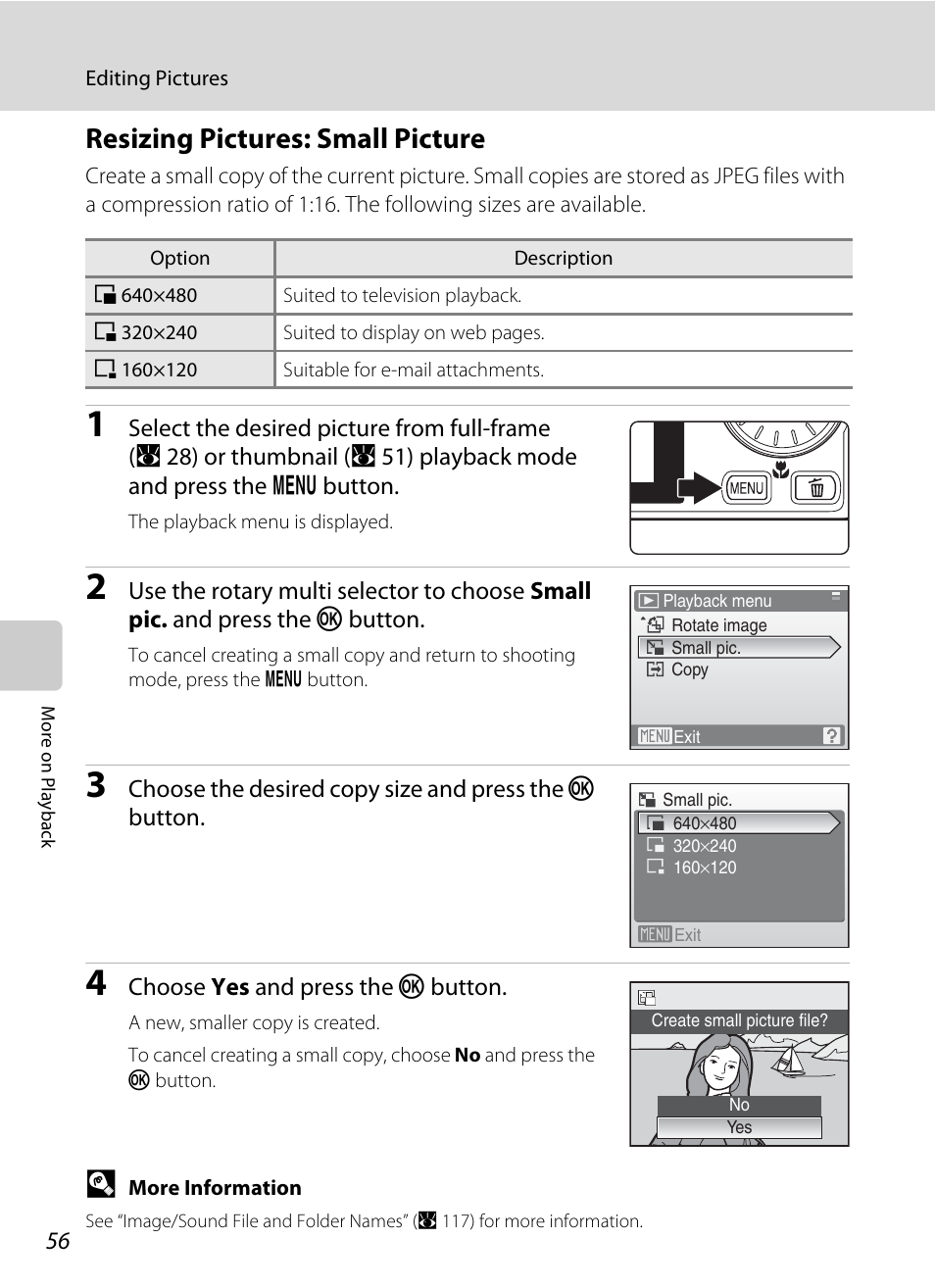 Resizing pictures: small picture, A 56) | Nikon Coolpix S610 User Manual | Page 68 / 151