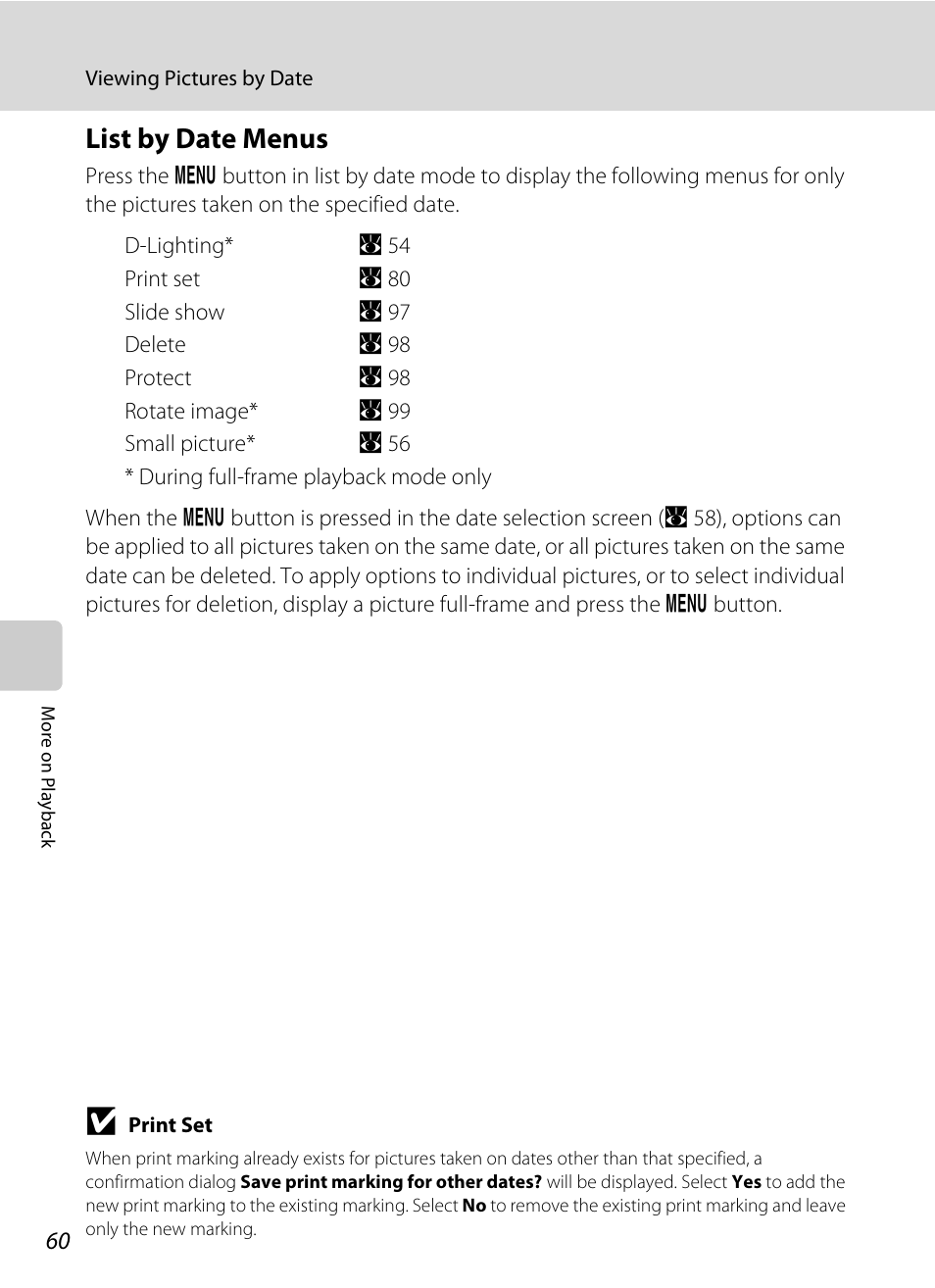 A 60), List by date menus | Nikon Coolpix S610 User Manual | Page 72 / 151