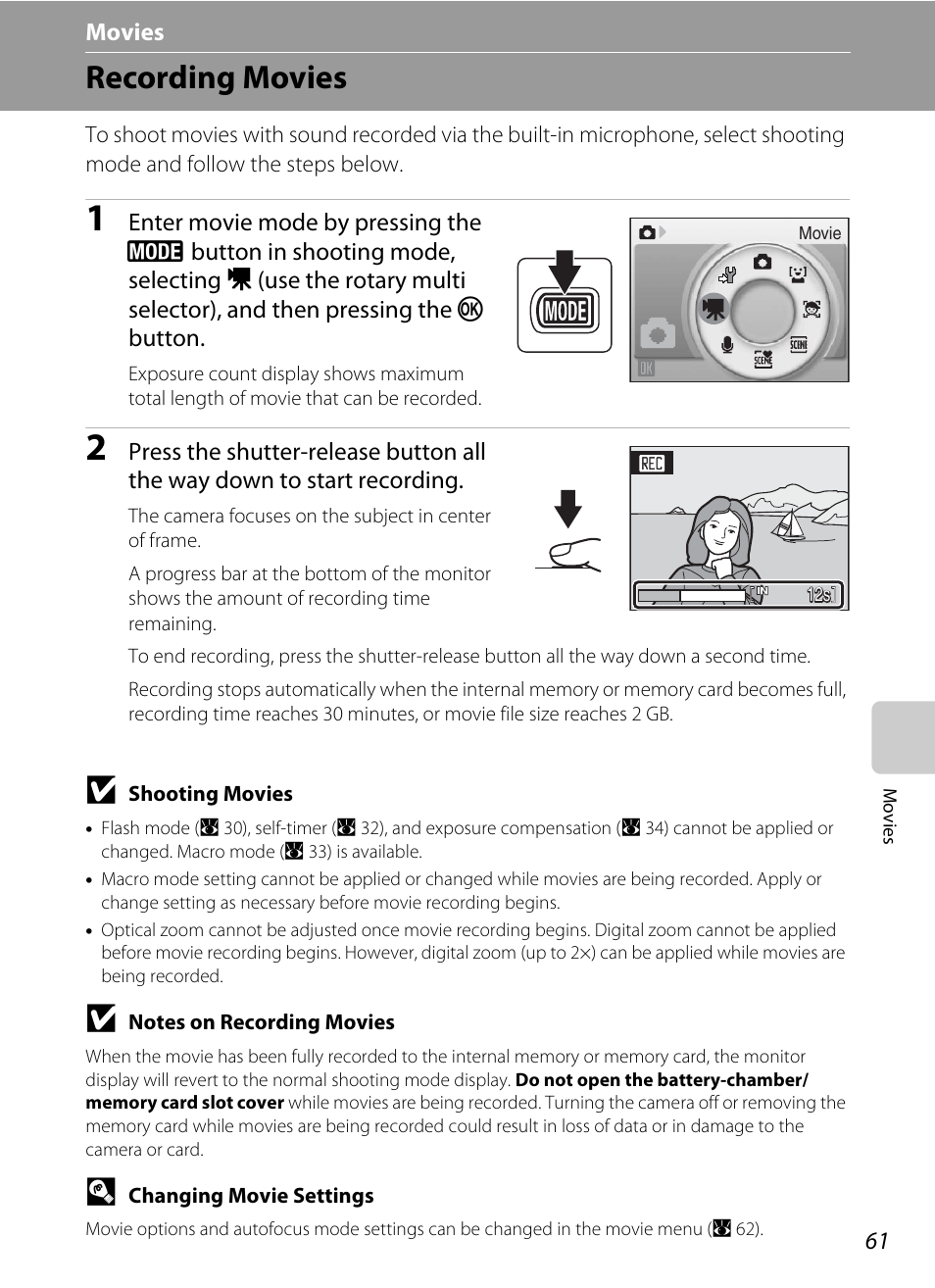 Movies, Recording movies, D movies | Nikon Coolpix S610 User Manual | Page 73 / 151
