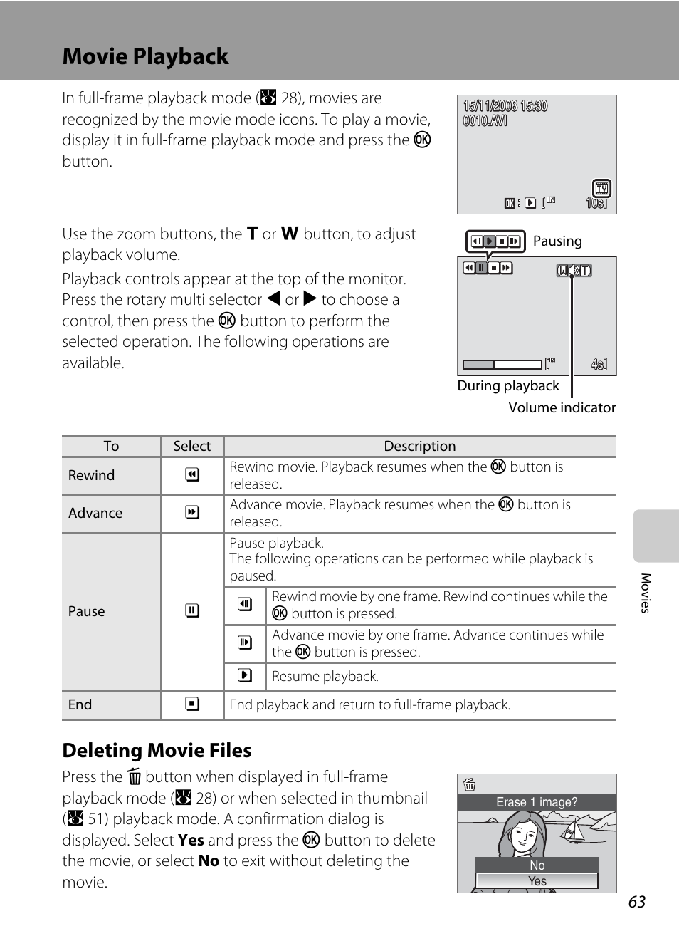 Movie playback, Deleting movie files | Nikon Coolpix S610 User Manual | Page 75 / 151