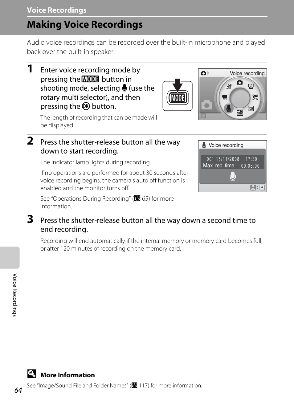 Voice recordings, Making voice recordings, E voice recordings | A 64) or sound | Nikon Coolpix S610 User Manual | Page 76 / 151