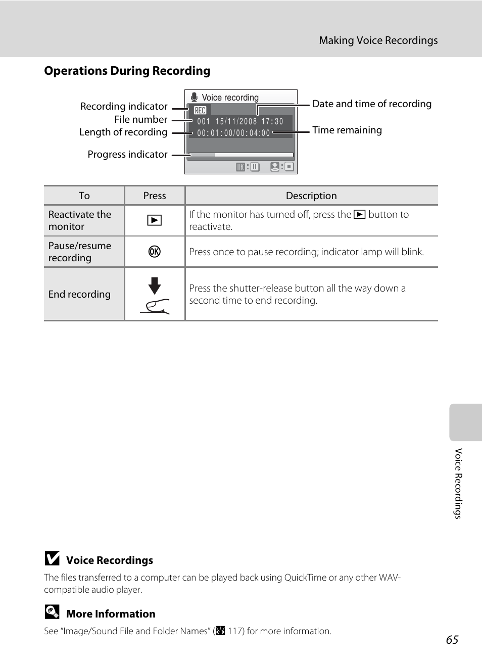 Operations during recording, A 65) for more | Nikon Coolpix S610 User Manual | Page 77 / 151