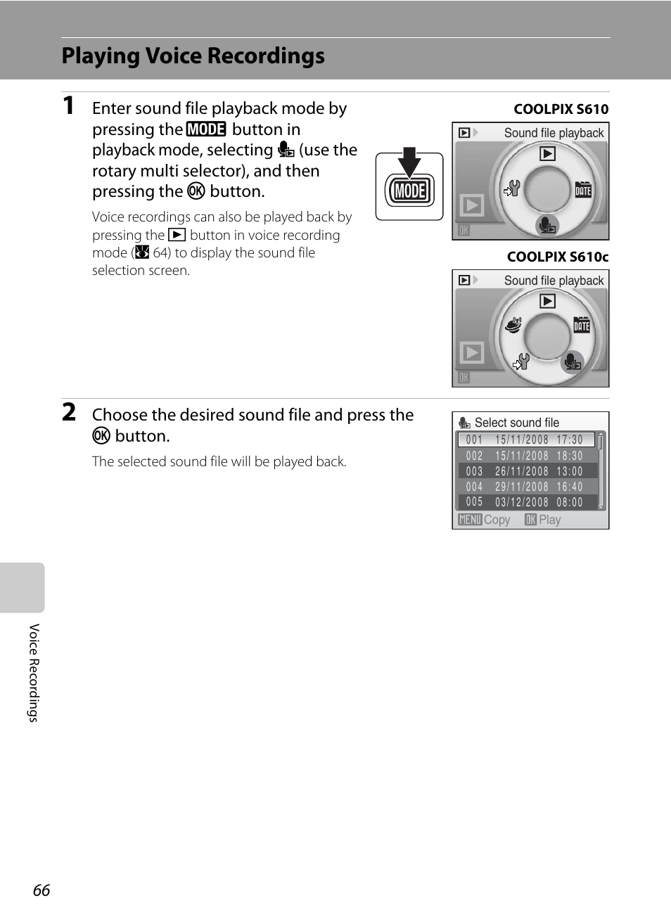 Playing voice recordings, A 66 | Nikon Coolpix S610 User Manual | Page 78 / 151