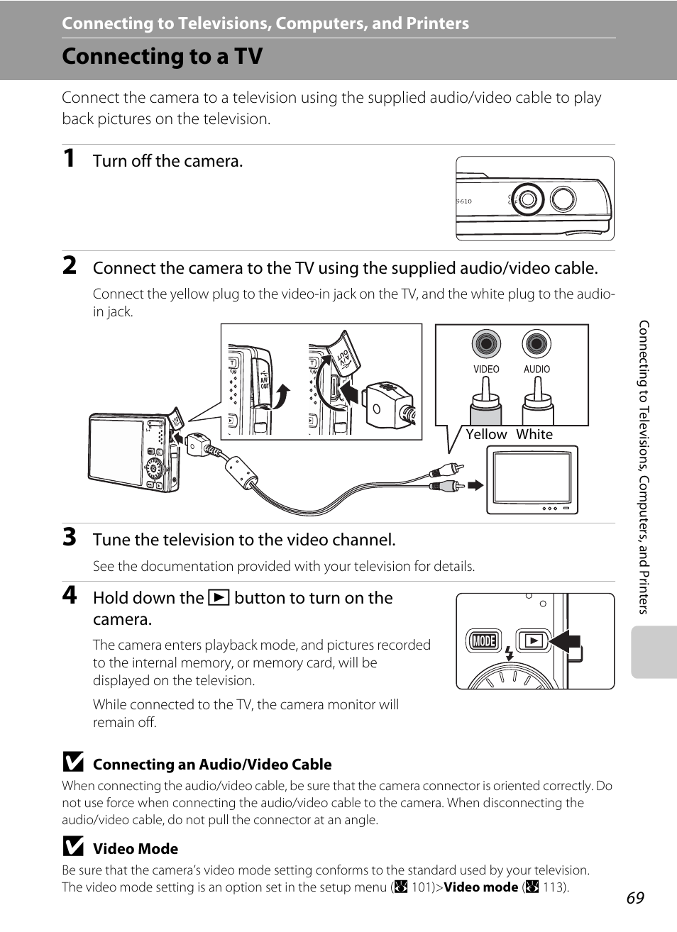 Connecting to televisions, computers, and printers, Connecting to a tv | Nikon Coolpix S610 User Manual | Page 81 / 151