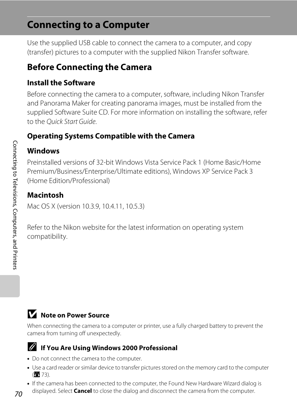 Connecting to a computer, Before connecting the camera, A 70 | Nikon Coolpix S610 User Manual | Page 82 / 151