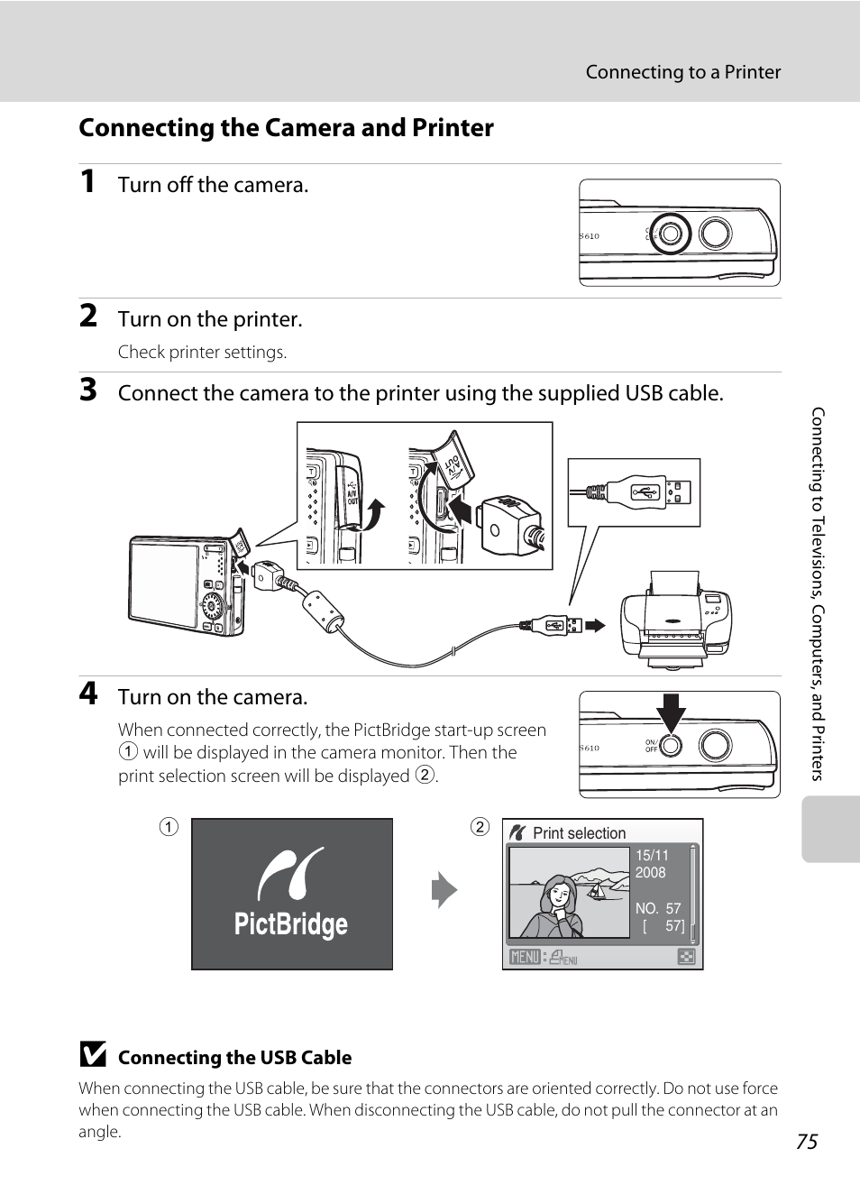 Connecting the camera and printer, A 75) | Nikon Coolpix S610 User Manual | Page 87 / 151