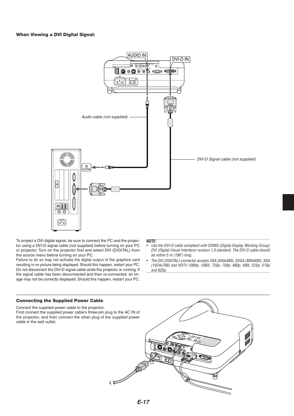 E-17, Connecting the supplied power cable, When viewing a dvi digital signal | Audio in, Dvi-d in | Nikon HT1000 User Manual | Page 17 / 61