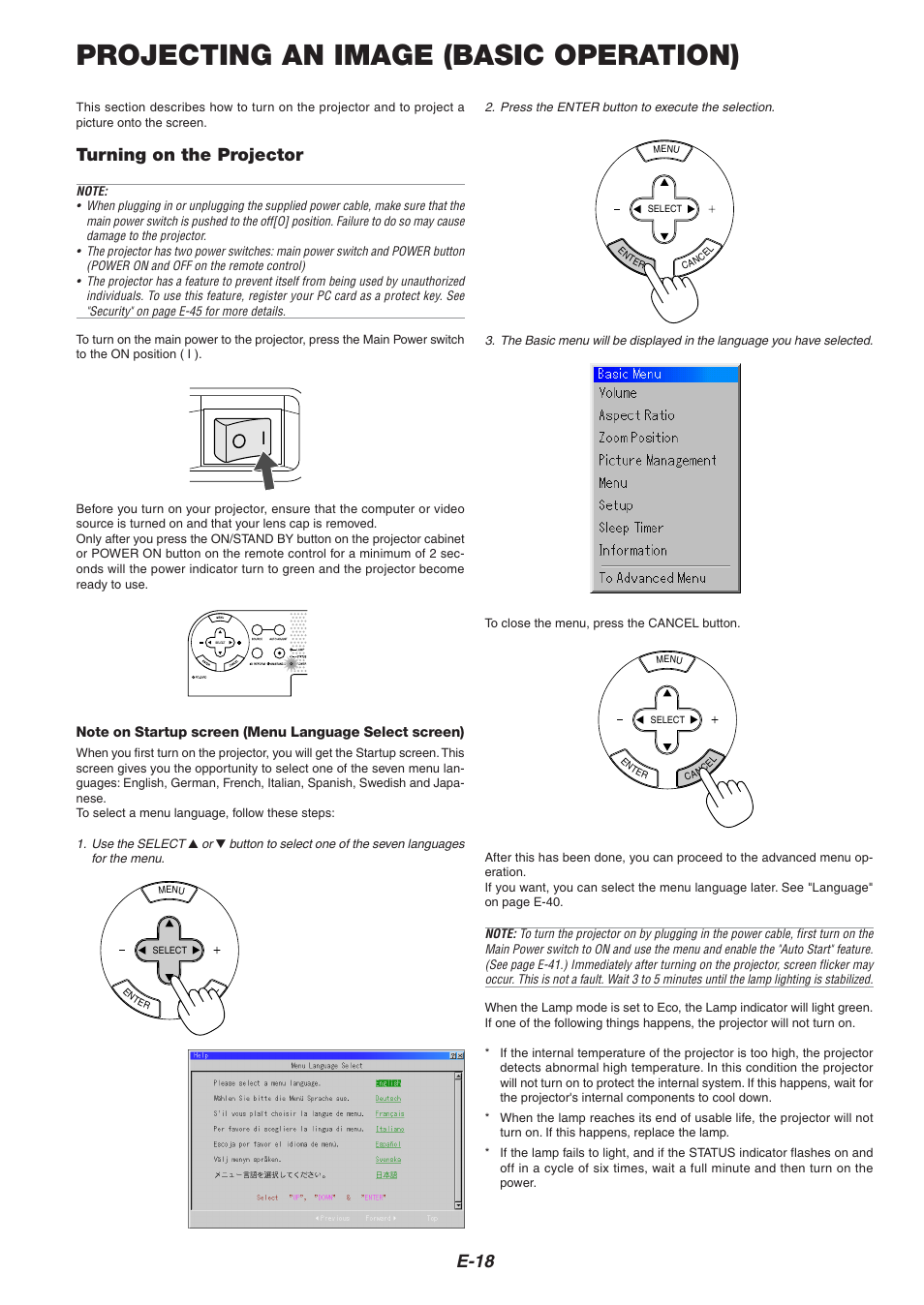 Projecting an image (basic operation), E-18, Turning on the projector | Nikon HT1000 User Manual | Page 18 / 61