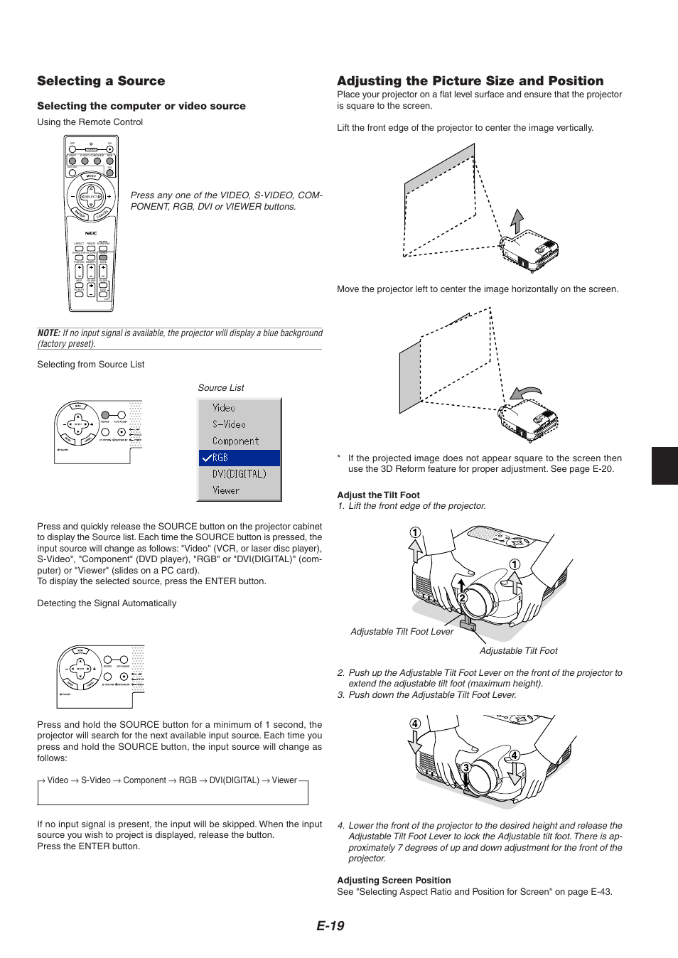 E-19, Selecting a source, Adjusting the picture size and position | Nikon HT1000 User Manual | Page 19 / 61