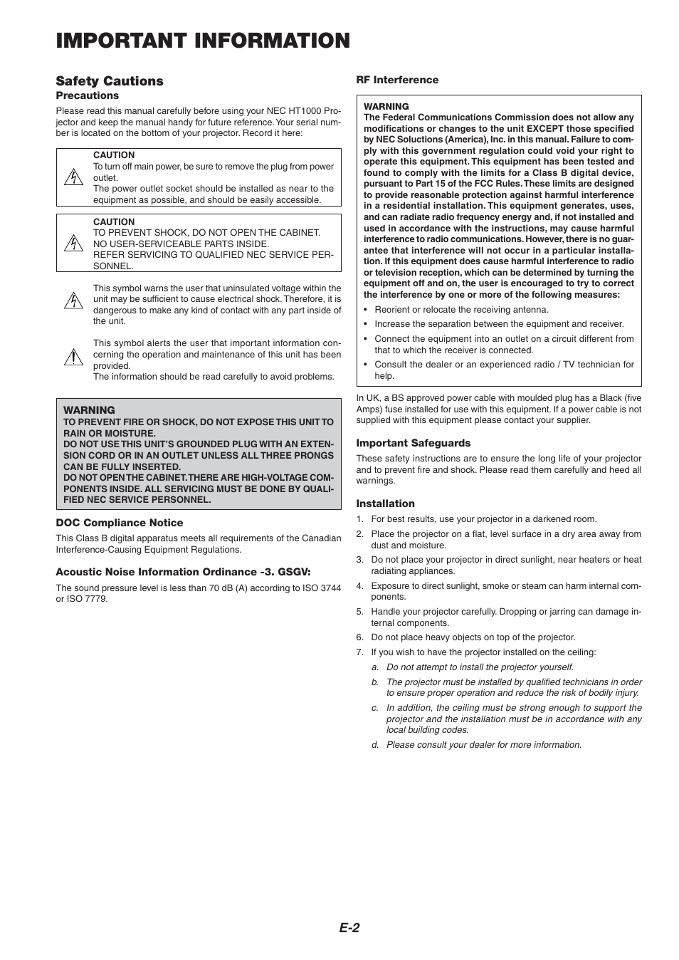 Important information, E-2 safety cautions | Nikon HT1000 User Manual | Page 2 / 61