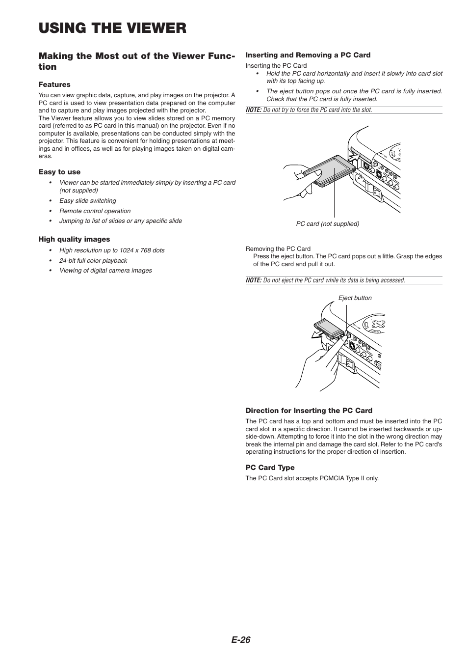 Using the viewer, E-26, Making the most out of the viewer func- tion | Features, Easy to use, High quality images, Direction for inserting the pc card, Pc card type, Inserting and removing a pc card, Pc card (not supplied) | Nikon HT1000 User Manual | Page 26 / 61