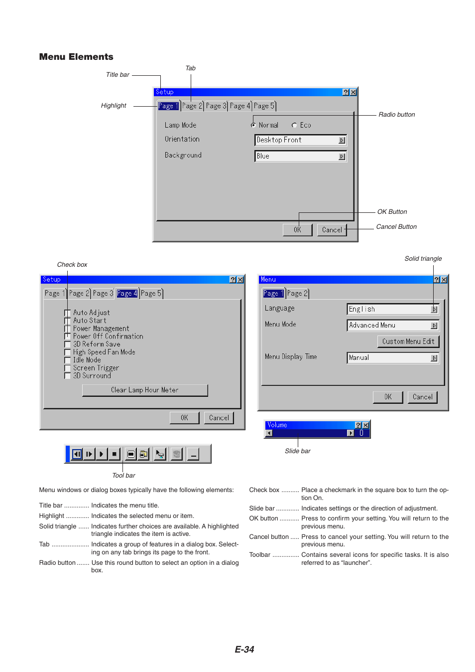 E-34, Menu elements | Nikon HT1000 User Manual | Page 34 / 61