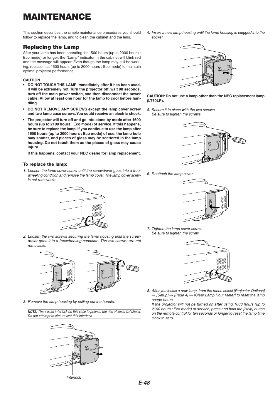 Maintenance, E-48, Replacing the lamp | Nikon HT1000 User Manual | Page 48 / 61