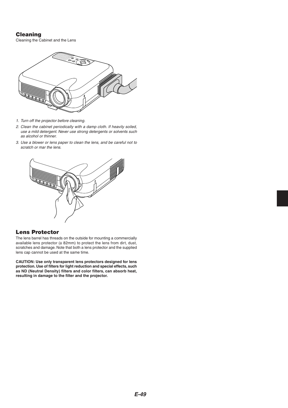 E-49, Cleaning, Lens protector | Nikon HT1000 User Manual | Page 49 / 61