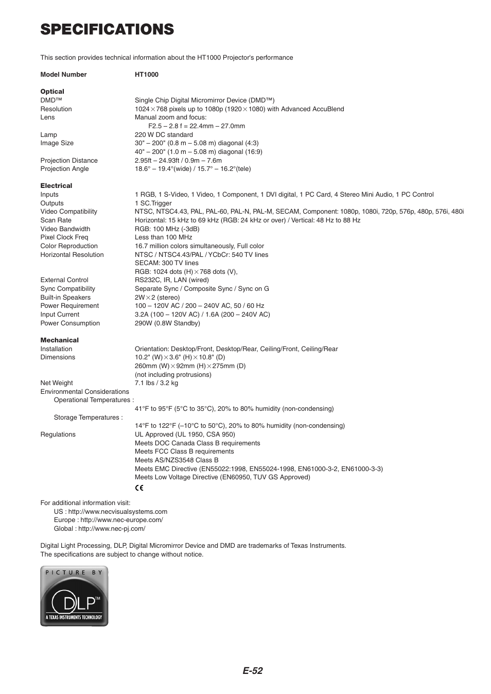 Specifications, E-52 | Nikon HT1000 User Manual | Page 52 / 61