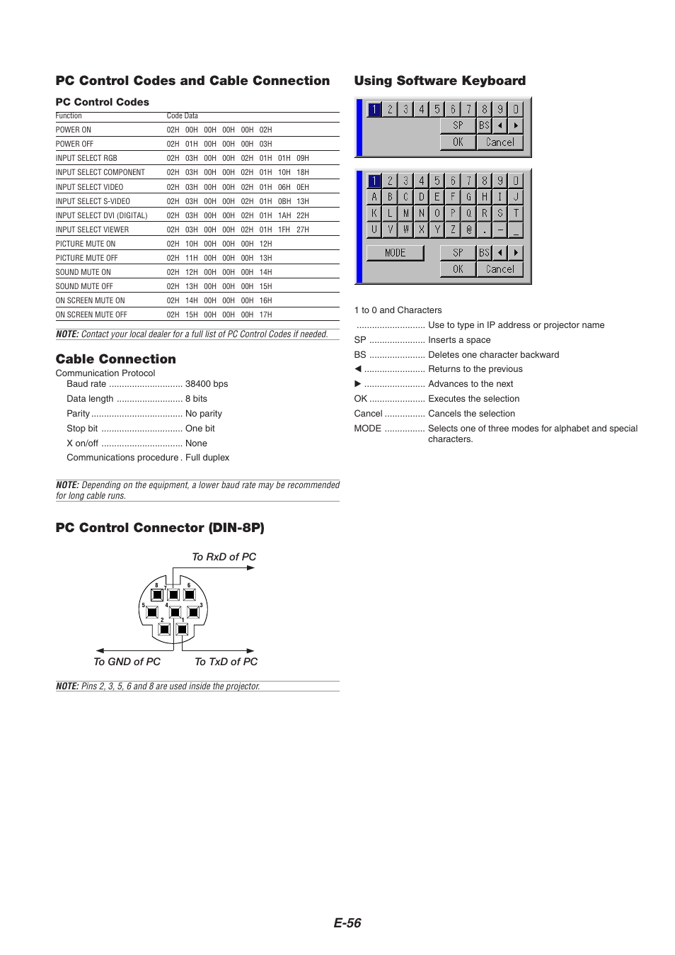 E-56 cable connection, Pc control codes and cable connection, Pc control connector (din-8p) | Using software keyboard | Nikon HT1000 User Manual | Page 56 / 61