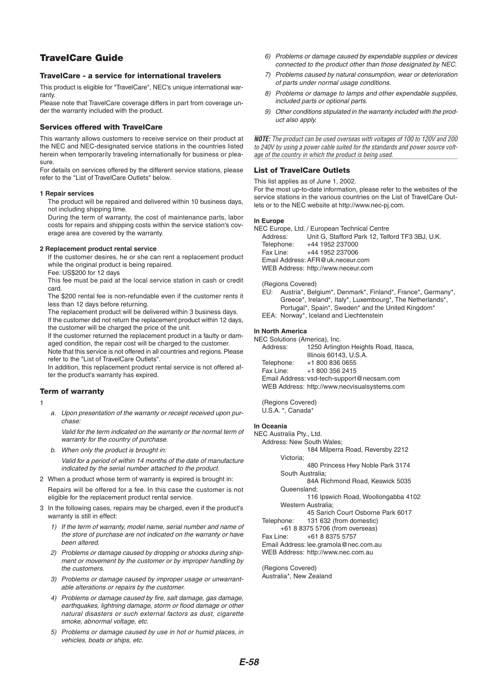 E-58 travelcare guide | Nikon HT1000 User Manual | Page 58 / 61