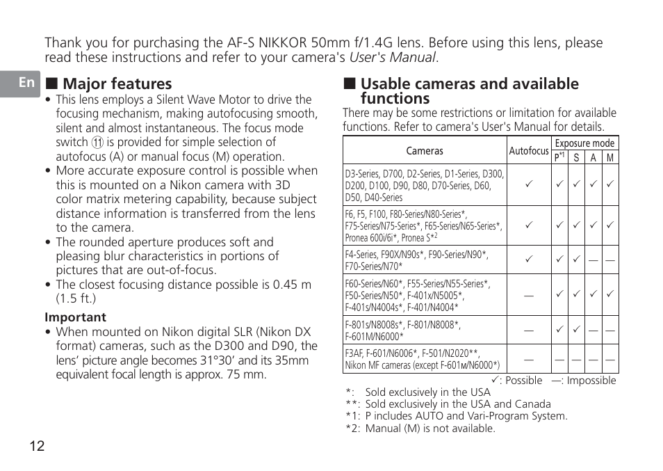 Usable cameras and available functions, Major features, 12 en | Nikon 50mm f/1.4G User Manual | Page 12 / 100