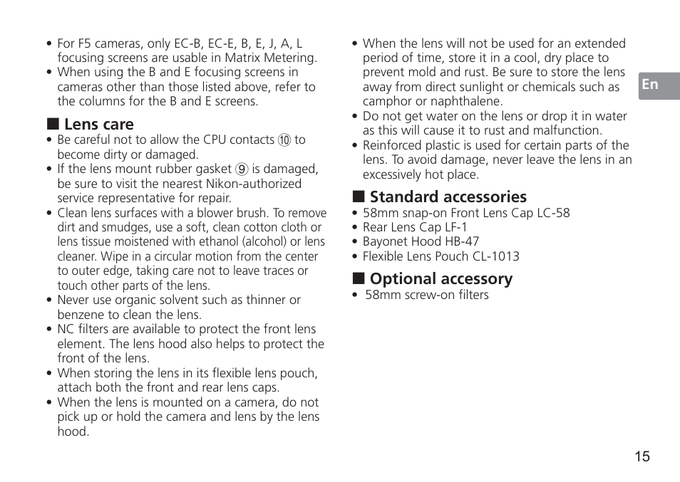 Standard accessories, Optional accessory, Lens care | Nikon 50mm f/1.4G User Manual | Page 15 / 100