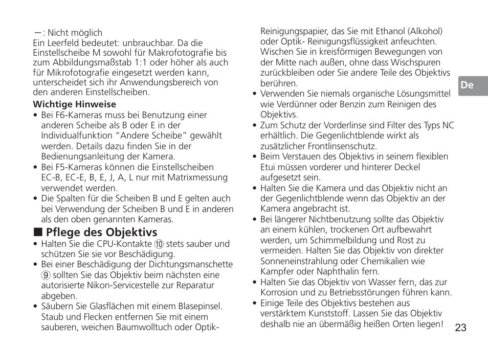 Pflege des objektivs | Nikon 50mm f/1.4G User Manual | Page 23 / 100