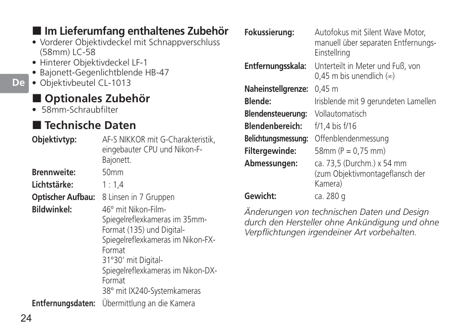 Im lieferumfang enthaltenes zubehör, Optionales zubehör, Technische daten | Nikon 50mm f/1.4G User Manual | Page 24 / 100