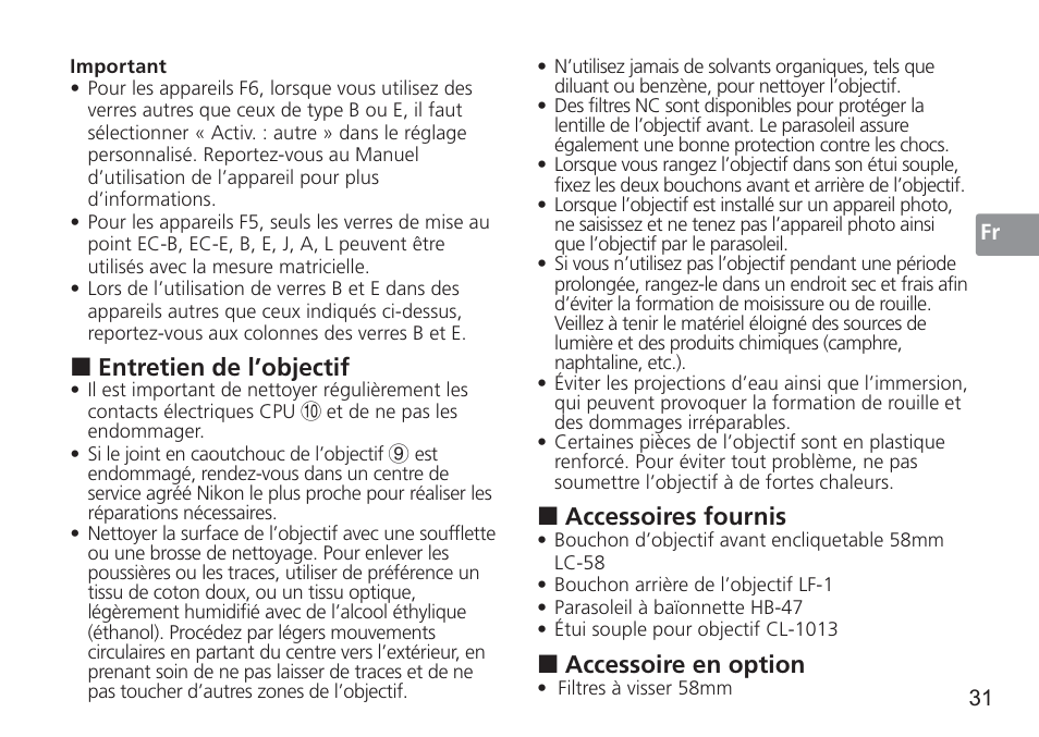 Accessoires fournis, Accessoire en option, Entretien de l’objectif | Nikon 50mm f/1.4G User Manual | Page 31 / 100