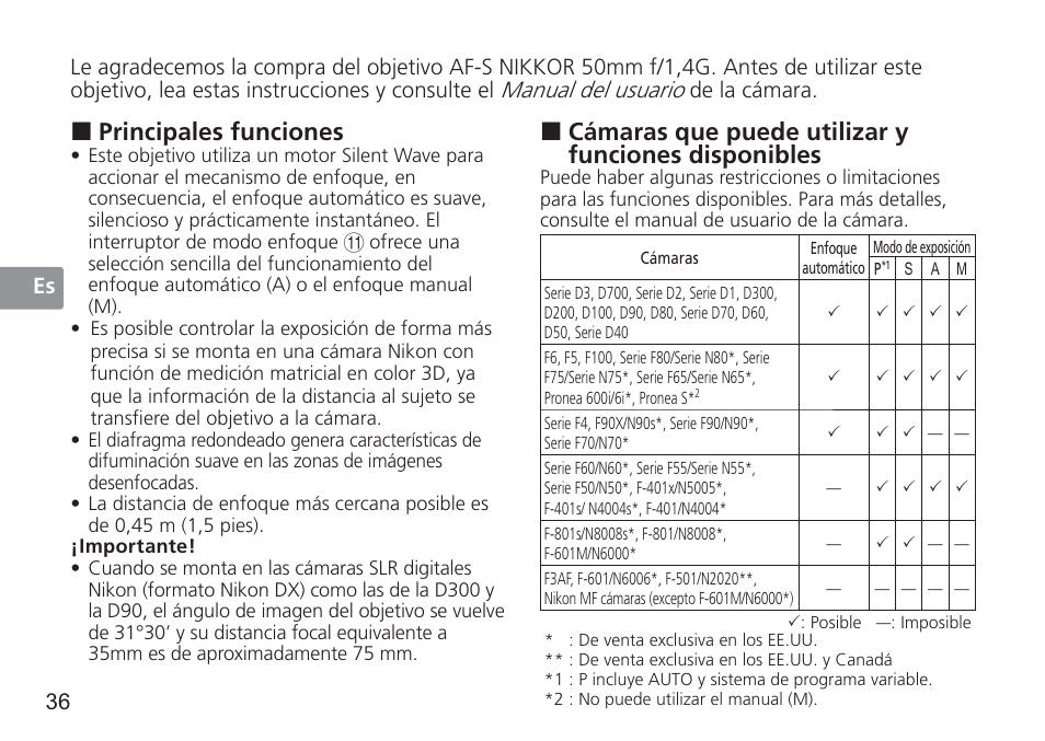 Cámaras que puede utilizar y funciones disponibles, Principales funciones, Manual del usuario | Nikon 50mm f/1.4G User Manual | Page 36 / 100