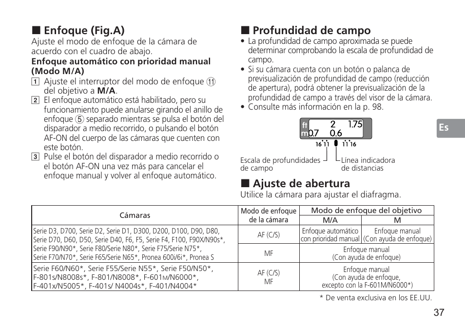 Enfoque (fig.a), Profundidad de campo, Ajuste de abertura | 37 es | Nikon 50mm f/1.4G User Manual | Page 37 / 100