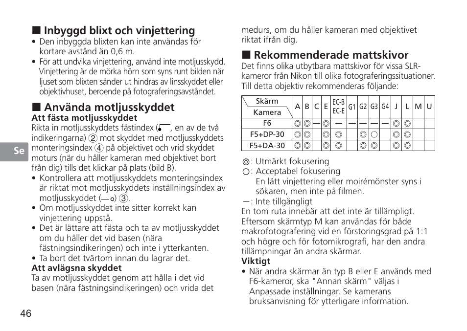 Inbyggd blixt och vinjettering, Använda motljusskyddet, Rekommenderade mattskivor | Nikon 50mm f/1.4G User Manual | Page 46 / 100