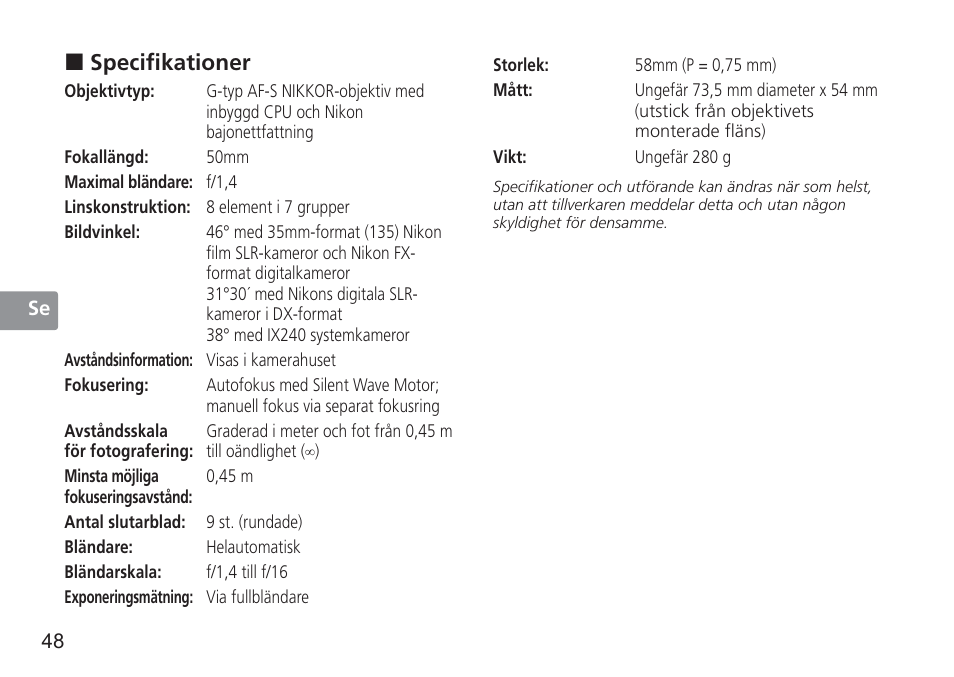 Specifikationer | Nikon 50mm f/1.4G User Manual | Page 48 / 100