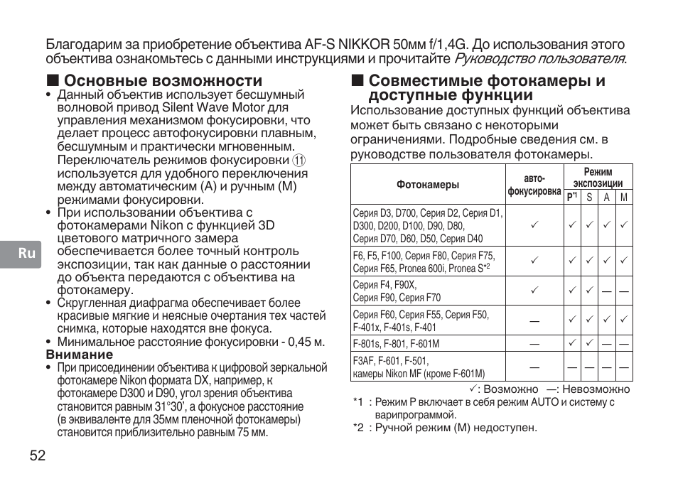 Совместимые фотокамеры и доступные функции, Основные возможности, Руководство пользователя | Nikon 50mm f/1.4G User Manual | Page 52 / 100