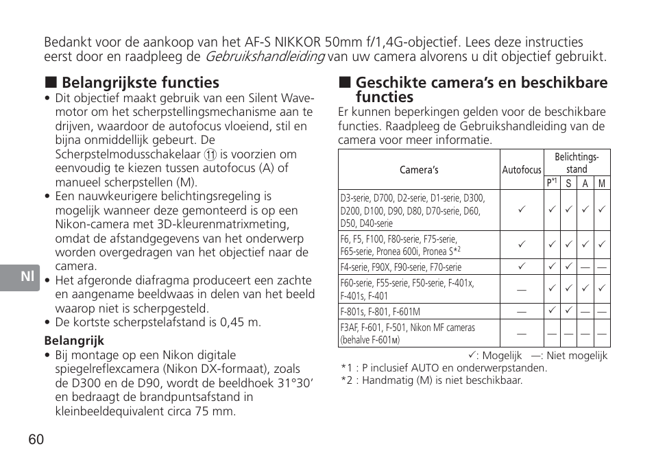 Geschikte camera’s en beschikbare functies, Belangrijkste functies, Gebruikshandleiding | 60 nl, Van uw camera alvorens u dit objectief gebruikt | Nikon 50mm f/1.4G User Manual | Page 60 / 100