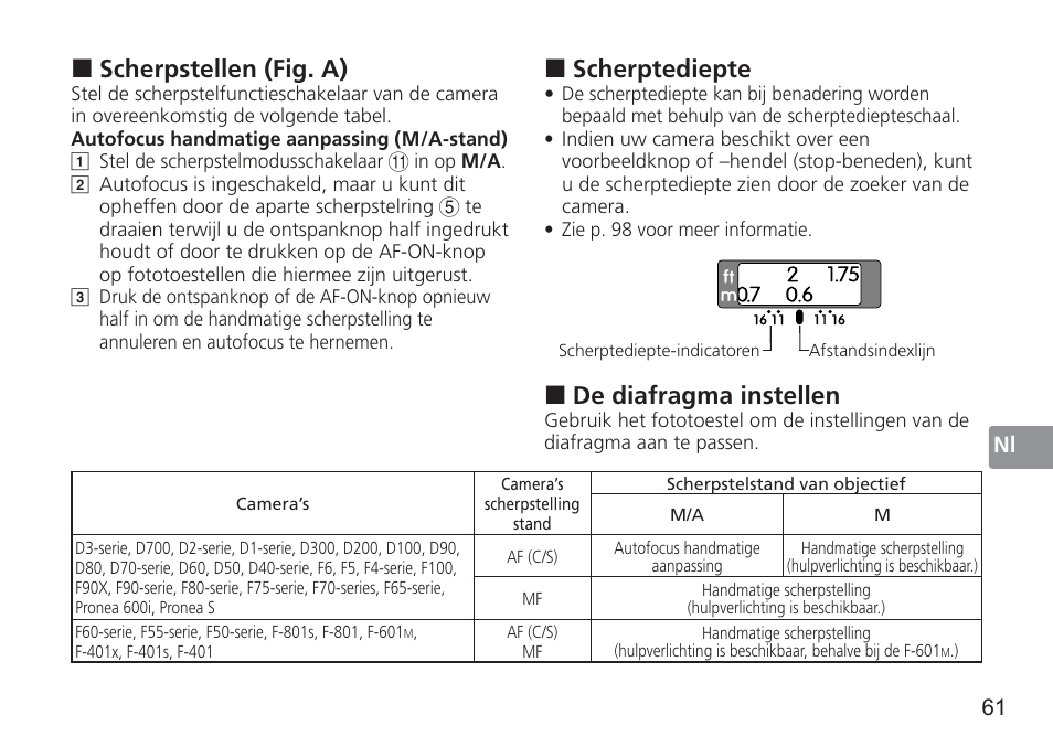 Scherpstellen (fig. a), Scherptediepte, De diafragma instellen | 61 nl | Nikon 50mm f/1.4G User Manual | Page 61 / 100