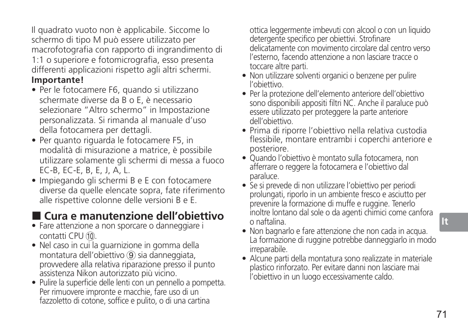 Cura e manutenzione dell’obiettivo | Nikon 50mm f/1.4G User Manual | Page 71 / 100