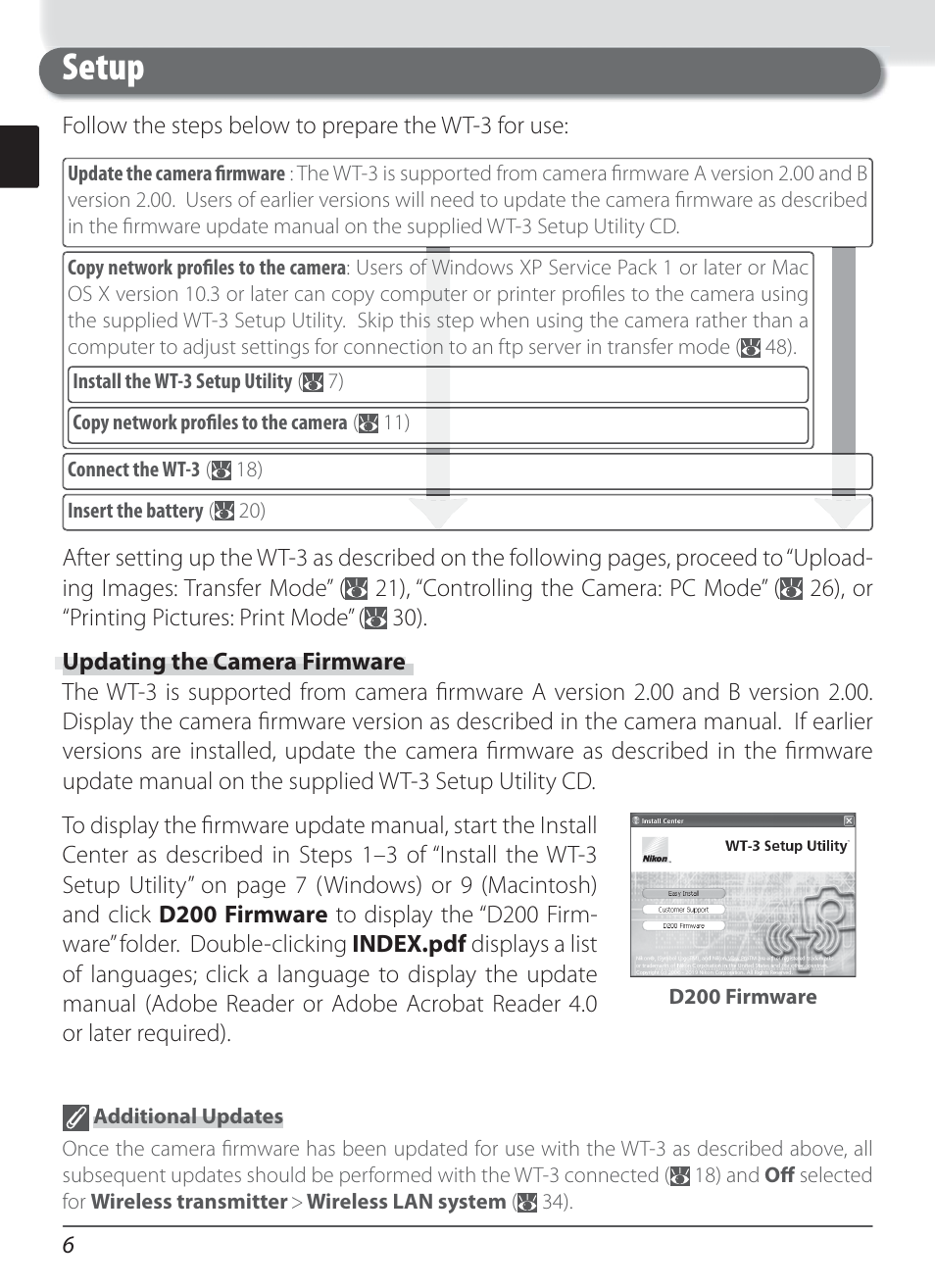 Setup, Updating the camera firmware | Nikon WT-3 User Manual | Page 14 / 65