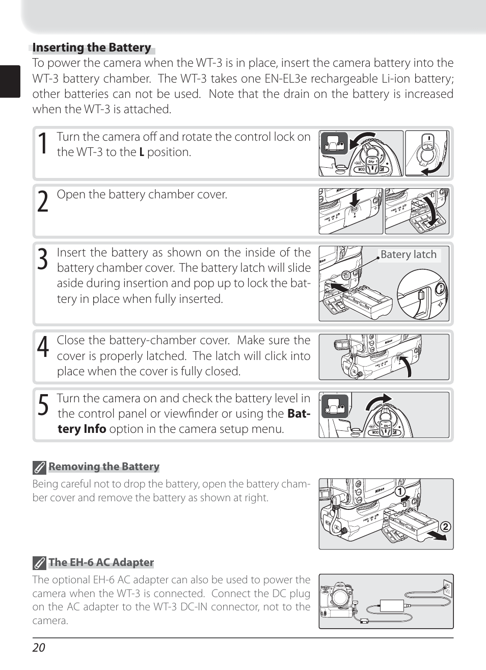 Inserting the battery | Nikon WT-3 User Manual | Page 28 / 65