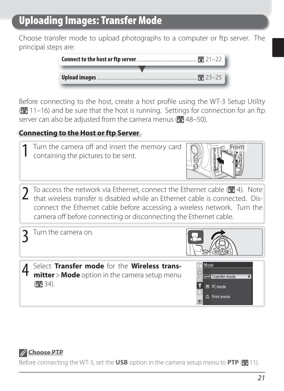 Uploading images: transfer mode, Connecting to the host or ftp server | Nikon WT-3 User Manual | Page 29 / 65