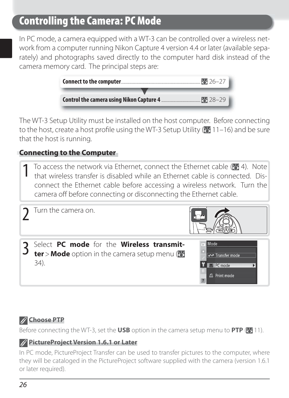 Controlling the camera: pc mode, Connecting to the computer | Nikon WT-3 User Manual | Page 34 / 65