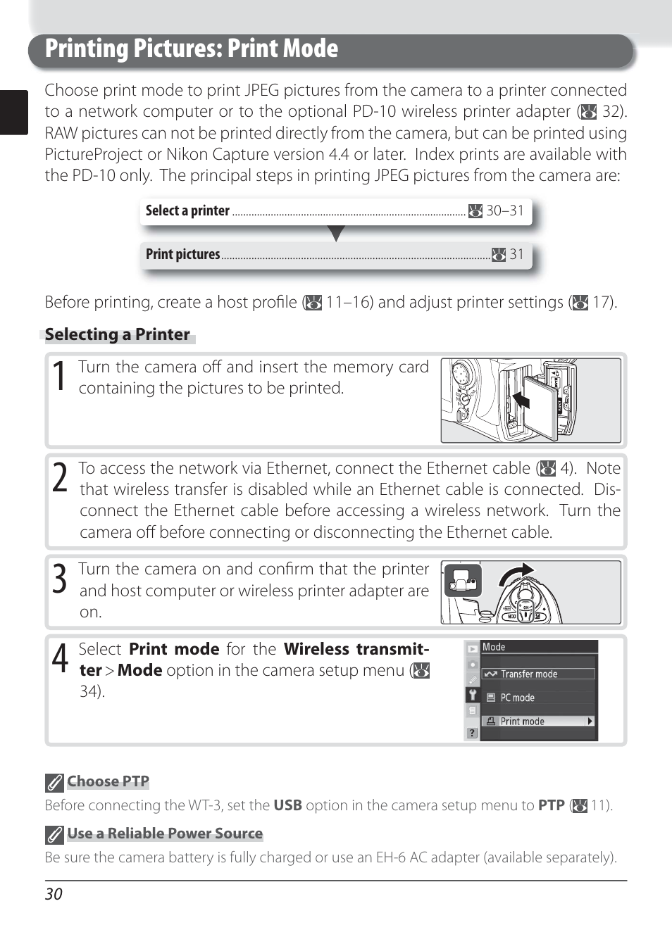 Printing pictures: print mode, Selecting a printer | Nikon WT-3 User Manual | Page 38 / 65
