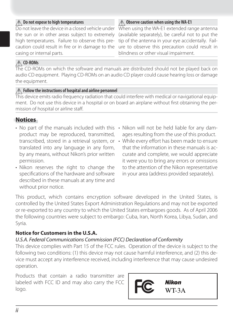 Notices, Wt-3a | Nikon WT-3 User Manual | Page 4 / 65