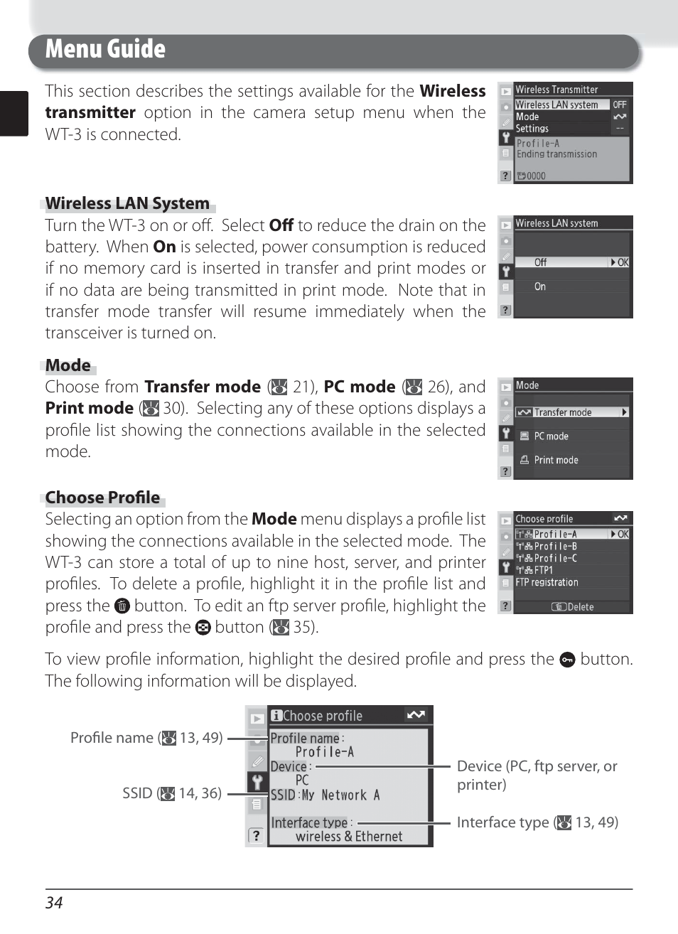 Menu guide, Wireless lan system, Mode | Choose profile | Nikon WT-3 User Manual | Page 42 / 65