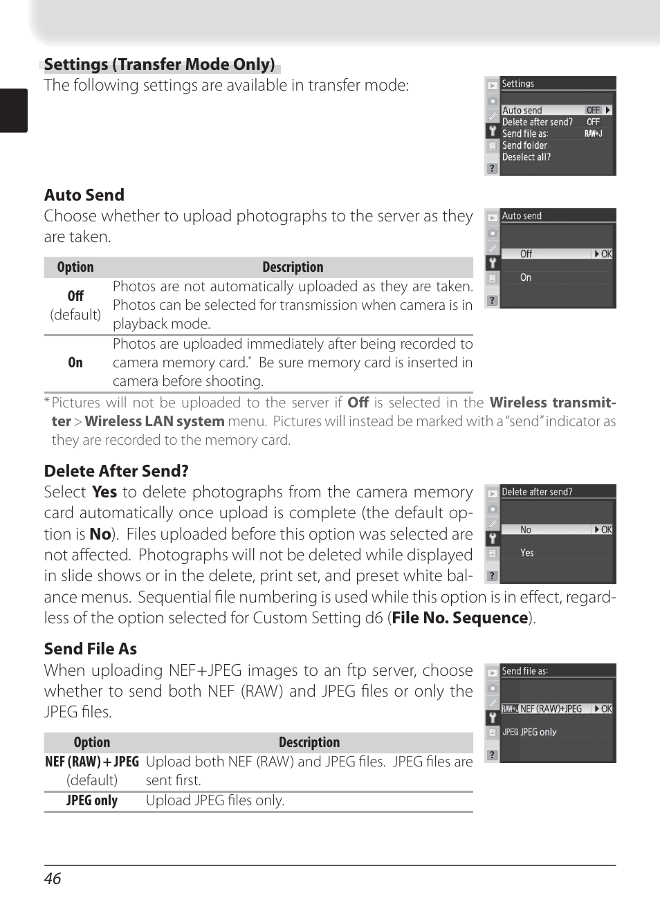 Settings (transfer mode only), Auto send, Delete after send | Send file as | Nikon WT-3 User Manual | Page 54 / 65