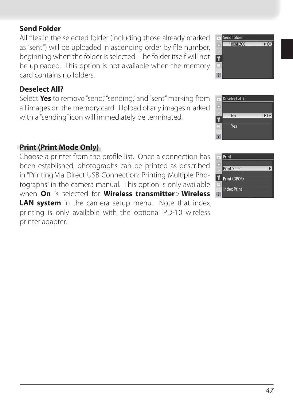 Send folder, Deselect all, Print (print mode only) | Nikon WT-3 User Manual | Page 55 / 65