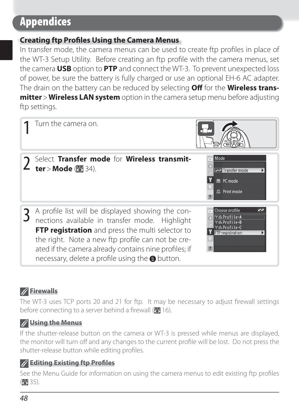 Appendices, Creating ftp profiles using the camera menus | Nikon WT-3 User Manual | Page 56 / 65