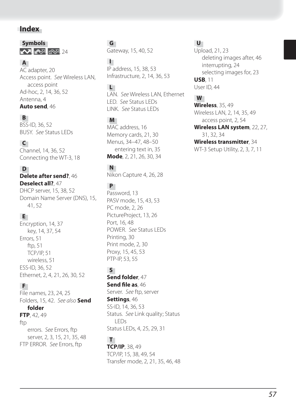 Index, 57 index | Nikon WT-3 User Manual | Page 65 / 65