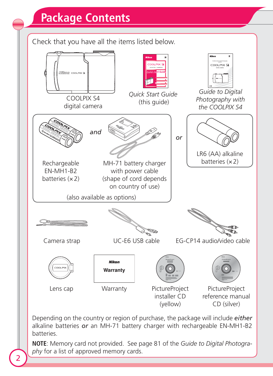 Package contents, Check that you have all the items listed below | Nikon Coolpix S4 User Manual | Page 2 / 28