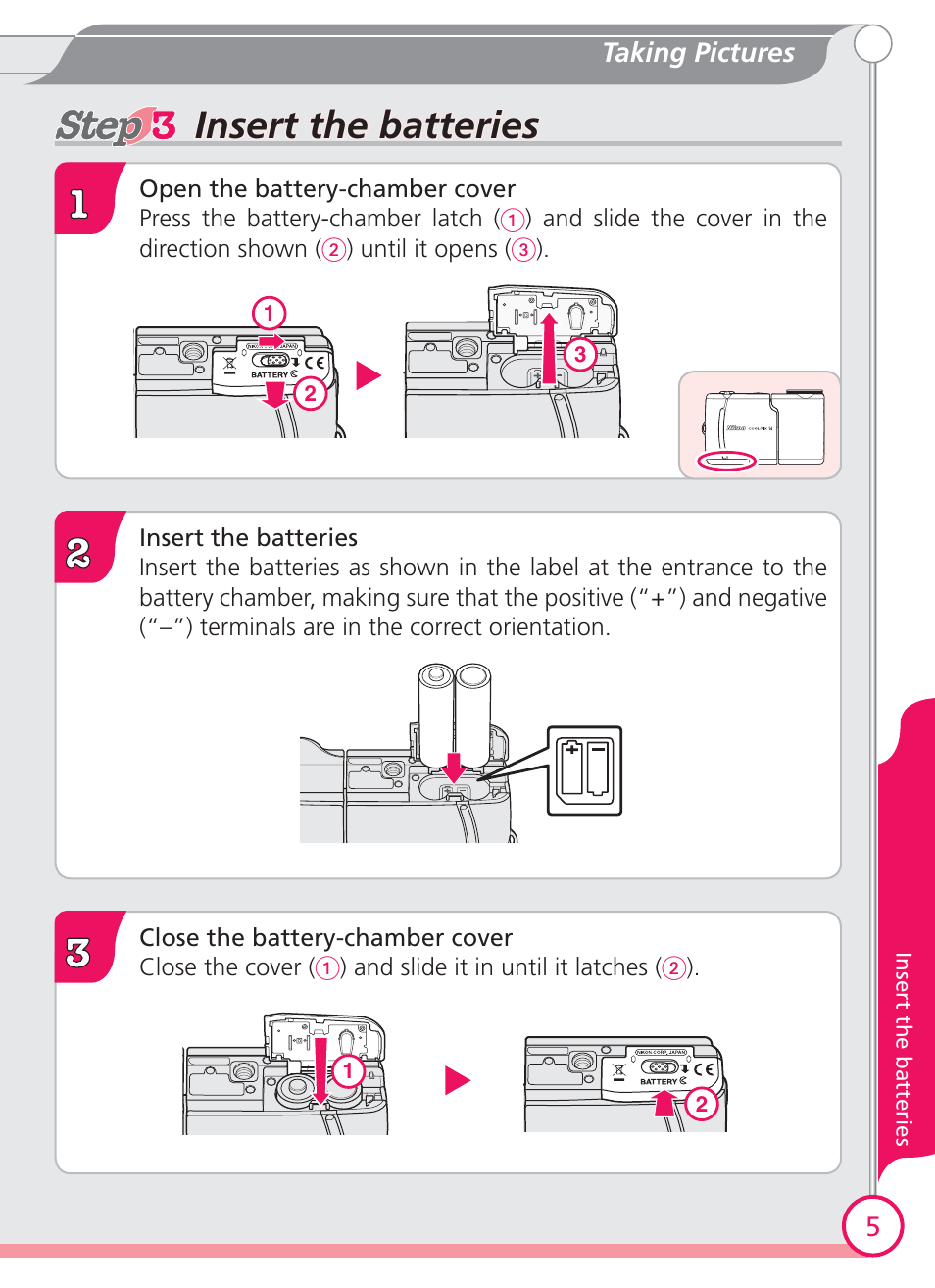 Insert the batteries, Insert the batteries insert the batteries | Nikon Coolpix S4 User Manual | Page 5 / 28