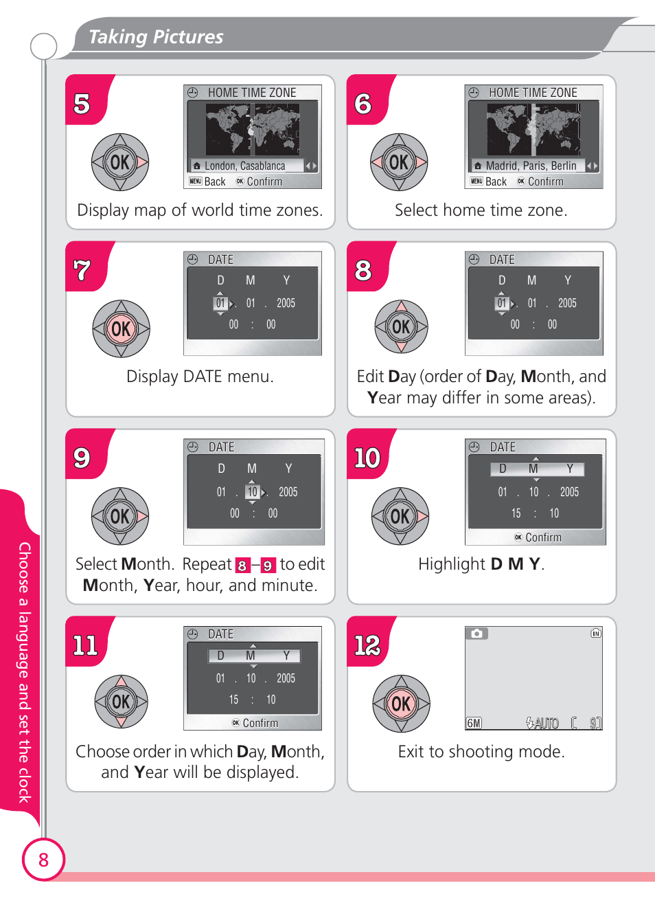 Taking pictures 8, Display map of world time zones, Select home time zone | Select m onth. repeat, Highlight d m y, Exit to shooting mode | Nikon Coolpix S4 User Manual | Page 8 / 28